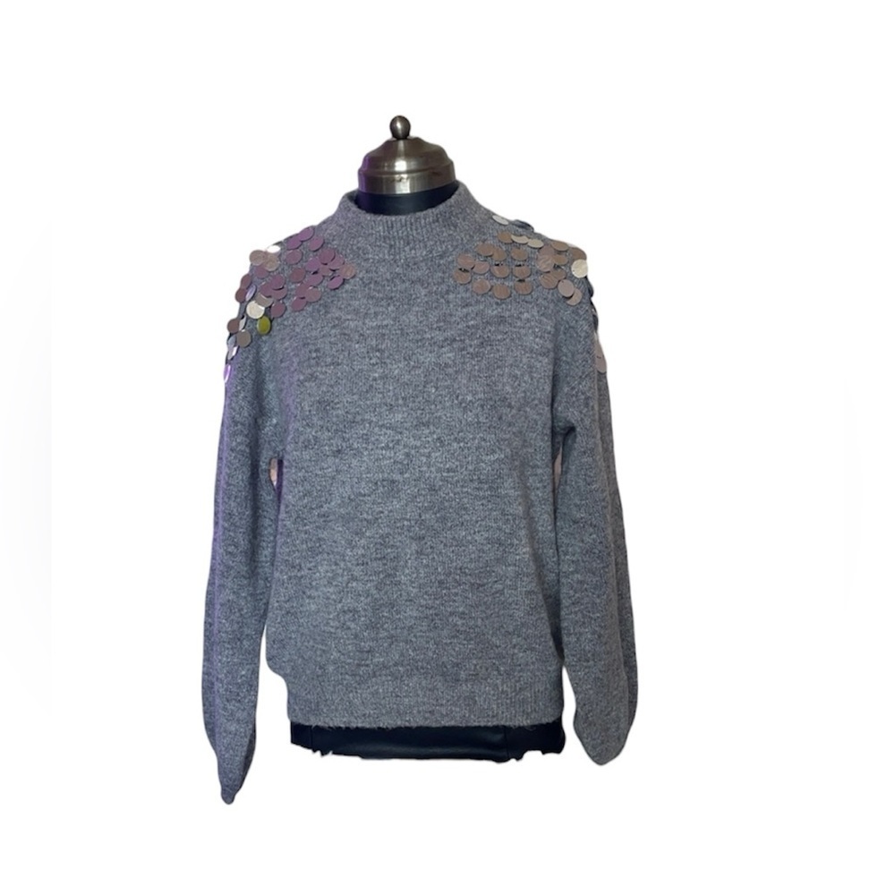 Knit co-op Gray Sweater with Sequin Detail polyester fiber winter ugly sweater